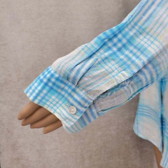Lilly Pulitzer Linen Sea View Button Down Top Shirt Blue Beach Day Plaid Medium - Picture 5 of 13